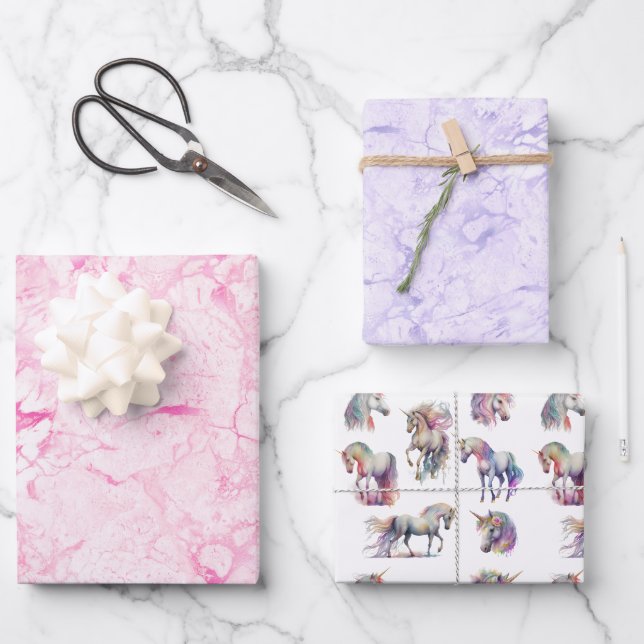 Girly Wirbel Pink Unicorn Wirbel Geschenkpapier Set (Vorderseite)