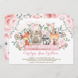 Girly Woodland Animals Chic Pink Roses Baby Dusche Einladung
