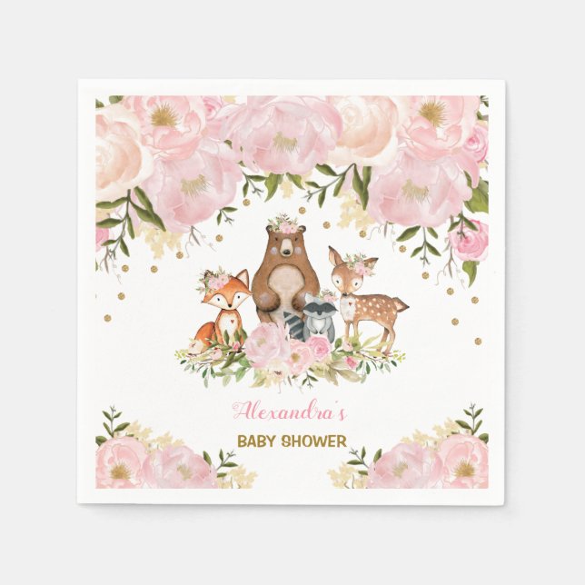 Girly Woodland Animals Pink Gold Peonwood Forest Serviette (Vorderseite)