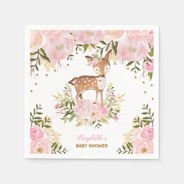 Girly Woodland Deer Pink Gold Peonwood Forest Serviette (Vorderseite)