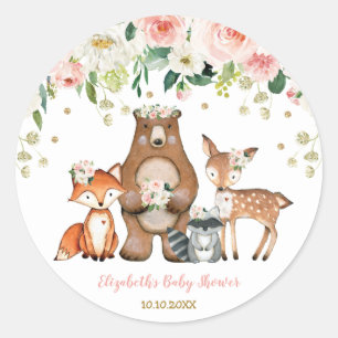 Girly Woodland Forest Animals Baby Dusche Geburtst Runder Aufkleber