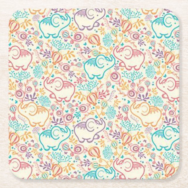 Girly wunderliche Retro Blumenelefant-Untersetzer Rechteckiger Pappuntersetzer (Vorderseite)