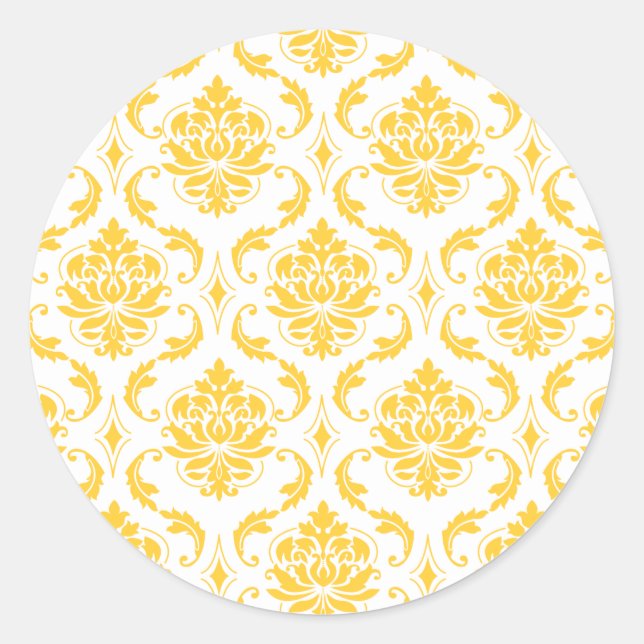 Girly Yellow White Vintag Damask Muster Runder Aufkleber (Vorderseite)