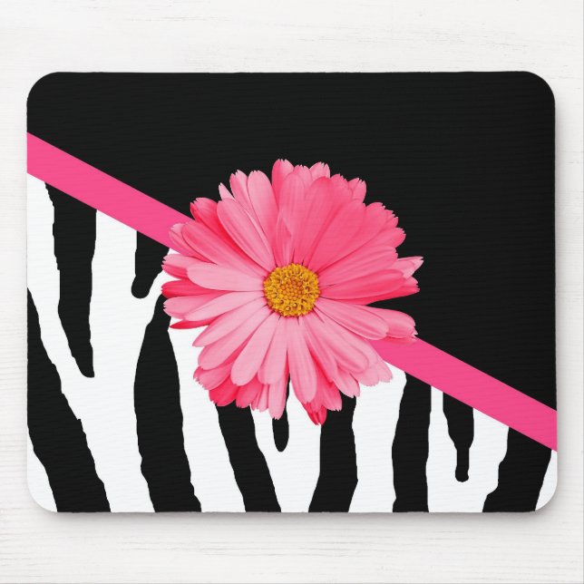 Girly Zebra-Muster-niedliches rosa Gänseblümchen Mousepad (Vorne)