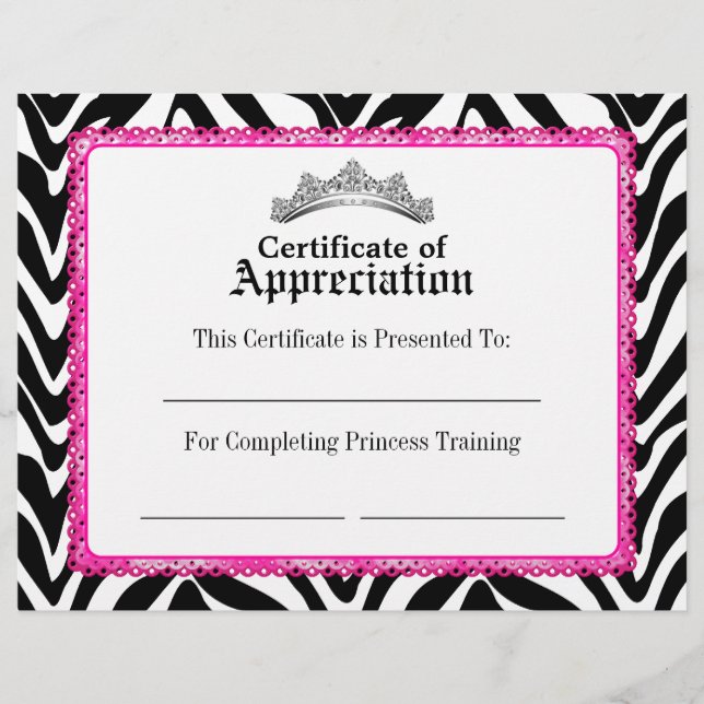 Girly Zebra Pink Lace und Tiara Certificate (Vorderseite)
