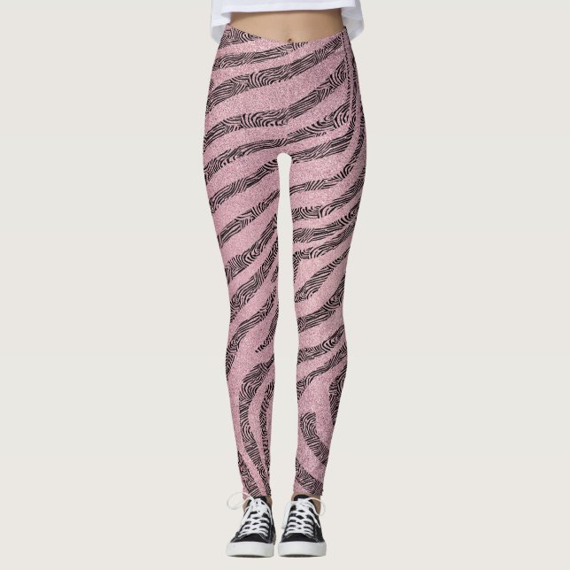 Girly Zebra Streifen auf rosa Glitzer Textur Leggings (Vorderseite)