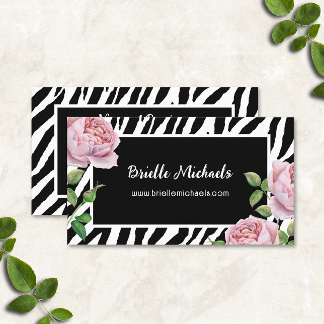 Girly Zebra Streifen Muster mit rosa Rosen Visitenkarte (Zebra Stripes Pattern With Pink Roses Business Cards)