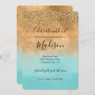 Giro Aqua Watercolor Gold Glitzer Einladung