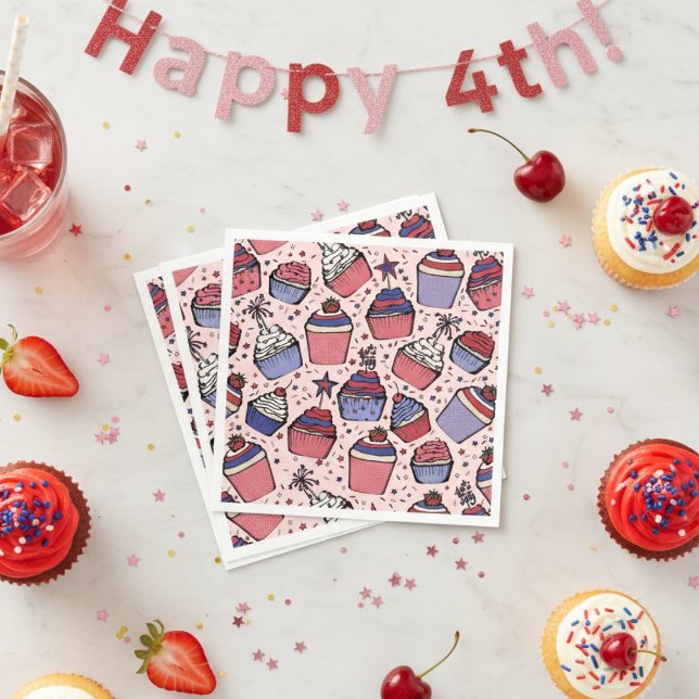 Giro Patriotic Red White and Blue Cupcake Party Serviette (Cute Pink 4th of July Party Napkins. Girly Patriotic Stars and Strips Fourth of July Cupcake Pattern)
