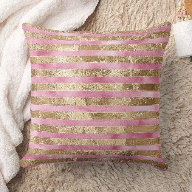 Giro Pink Wassercolor Gold Glam Streifen Kissen (Decke)