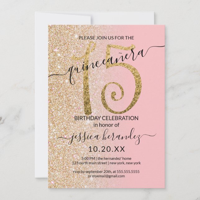 Girona Modern Pink Gold Glitzer Ombre Quinceañera Einladung (Vorderseite)