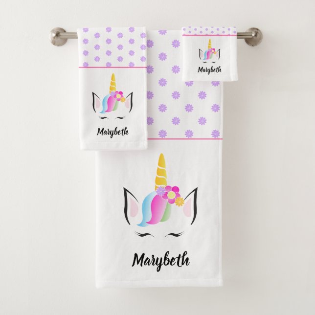 Girondiale Niedlich Magical Unicorn mit Namen Badhandtuch Set (Insitu)