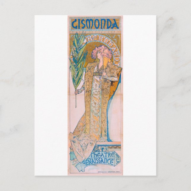 Gismonda, Sarah Bernhardt, Mucha Postkarte (Vorderseite)