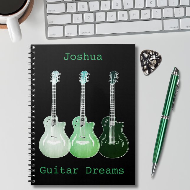 Gitarre Art hinzufügen Name Green Black Songwritin Notizblock (guitar illustrations on black green pop art personalized notebook guitarist musician songwriting )