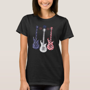 Gitarre Bass USA Amerikanische Flagge Feuerwerk Ro T-Shirt
