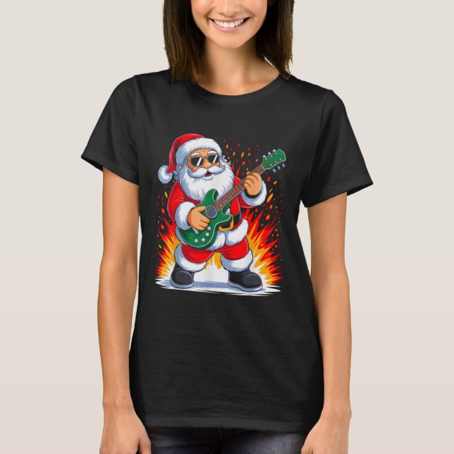 Gitarre Clic Santa Playing Drums Weihnachten Xm T-Shirt (Vorderseite)