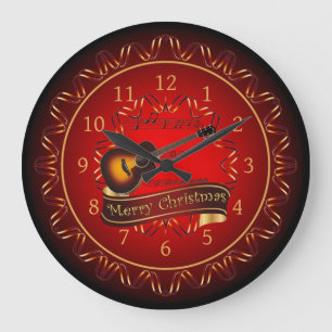 Gitarre, Frohe Weihnachten, Maroon & Black ~ Große Wanduhr