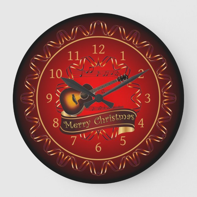 Gitarre, Frohe Weihnachten, Maroon & Black ~ Große Wanduhr (Vorderseite)