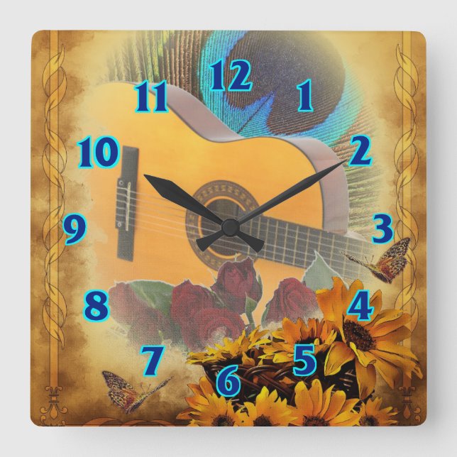 Gitarre mit Blumen Quadratische Wanduhr (Vorderseite)