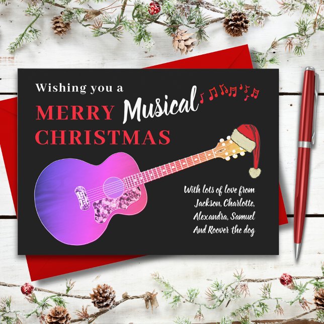 Gitarre Musical Frohe Weihnachten Pink Budget (Christmas guitar wearing a Santa hat custom pink and black budget holiday greetings postcard)