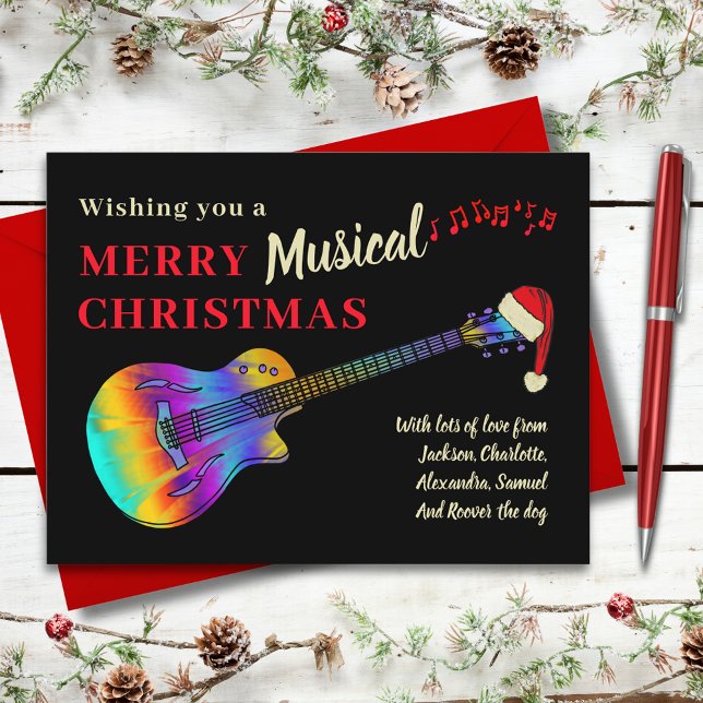 Gitarre Musical Frohe Weihnachtsbudget Feiertagspostkarte (Christmas guitar wearing a Santa hat merry musical holiday greetings card)