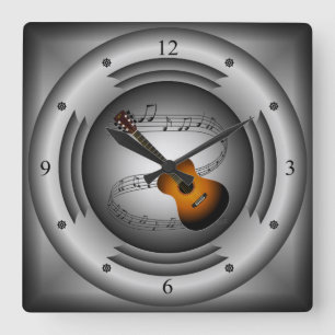 Gitarre ~ Musical Scroll ~ Silver Lautsprecher ~ Quadratische Wanduhr