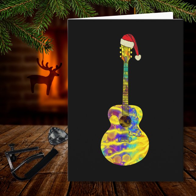 Gitarre Santa Colorful Karte (Funky Christmas guitar wearing a Santa hat on black music themed holiday greetings card musician)