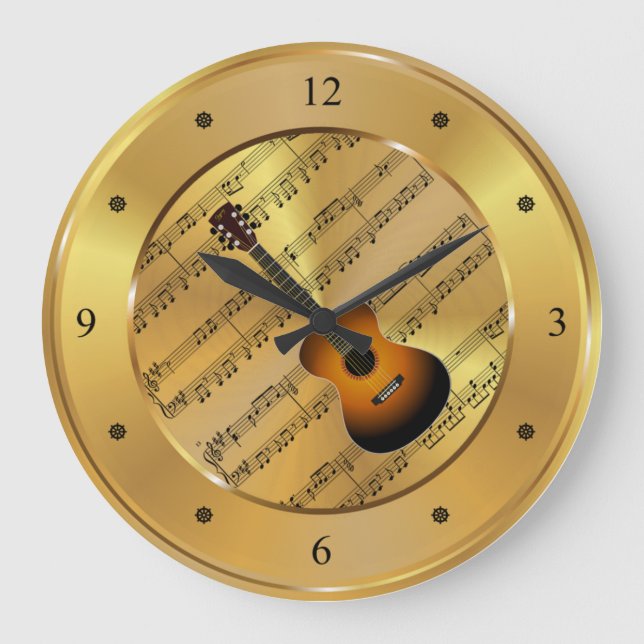 Gitarre ~ Sheet Music ~ Gold Background ~ Unique ~ Große Wanduhr (Vorderseite)