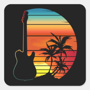 GITARRE SONNENUNTERGANG RETRO MUSIK LIEBHABER QUADRATISCHER AUFKLEBER