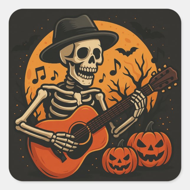 Gitarre spielender Totenkopf-Halloween-Aufkleber Quadratischer Aufkleber (Vorderseite)