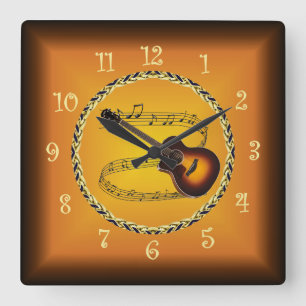 Gitarre über Musical Scroll & Russet Orange ~ Quadratische Wanduhr