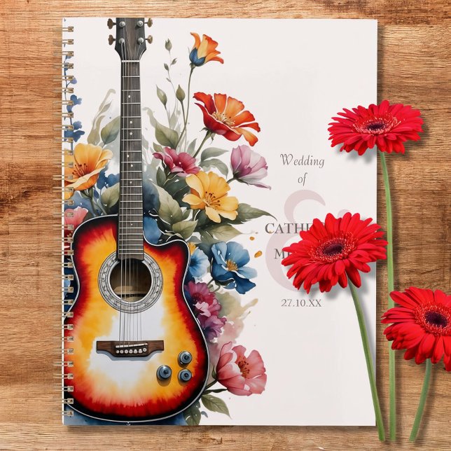 Gitarre Wildblume Et-Zeichen Musikalische Hochzeit Planer (Flat lay guitar wedding planner with modern elegant watercolor floral cottage garden Wedding Planner)