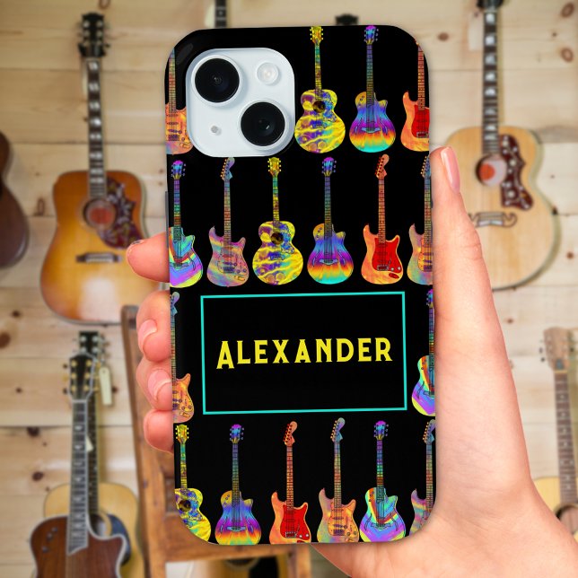 Gitarren Funky Psychedelic Pop Art Muster Name hin Case-Mate iPhone Hülle (Cool colorful psychedelic guitar pattern on black personalized name phone case)