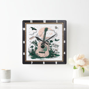 Gitarren Schmetterlinge Vintage Kassetten Quadratische Wanduhr