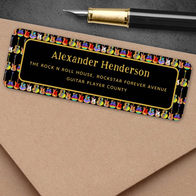 Gitarren-Schwarz und Gold-Rücksendeadresse (Guitar music business custom black and gold return address labels)