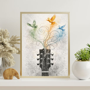 Gitarrenkopf Kunst   Illustration fliegender Vögel Poster