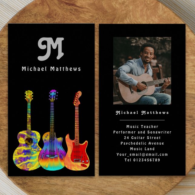 Gitarrenlehrer Custom Foto Retro Business Card Visitenkarte (Modern music teacher professional musician gray black photo Business card personalized monogram )