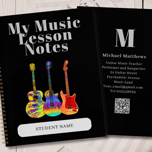 Gitarrenlehrer Custom Student Music Lesson Notizbuch (Guitar teacher music lessons business qr code custom student name notebook)