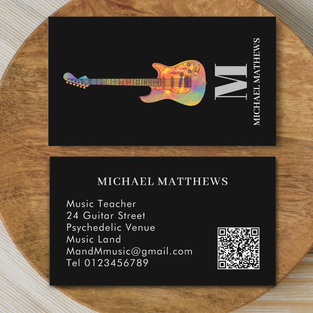 Gitarrenlehrer - Kundenspezifischer QR-Code Visitenkarte (Modern guitar music teacher professional musician qr code Business card Colorful electric guitar art)