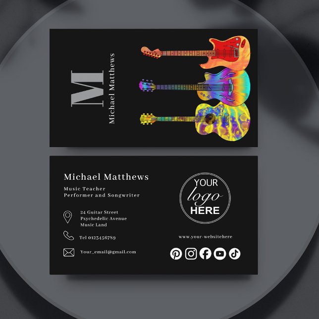 Gitarrenlehrer-Logo und soziale Medien Visitenkarte (Modern guitar teacher social media custom logo business card black)