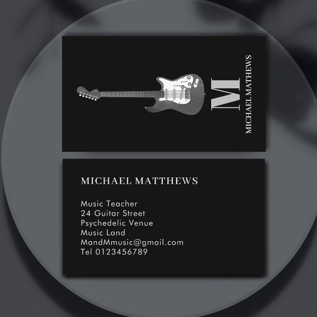 Gitarrenlehrer Mit Monogramm, einfach Schwarz und  Visitenkarte (Guitar music teacher black and white professional business card)