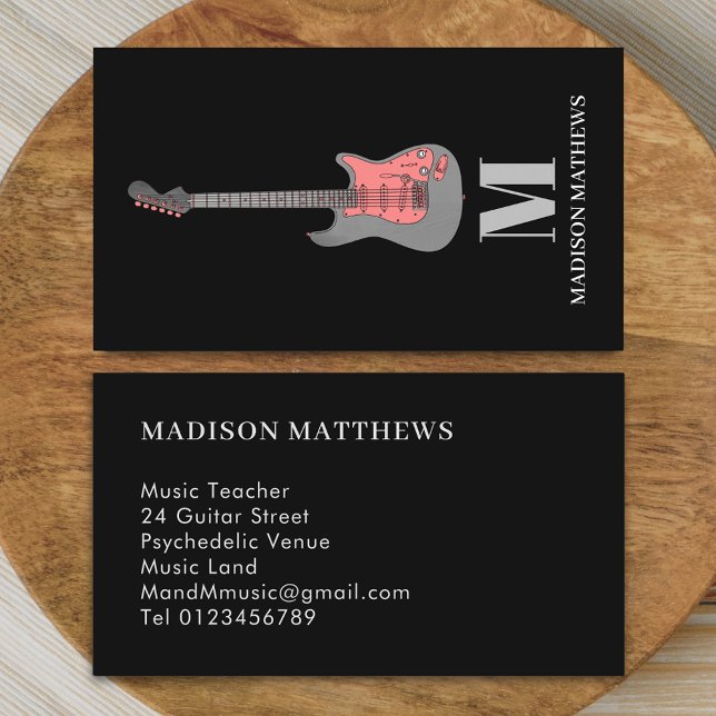Gitarrenlehrer Mit Monogramm einfaches Schwarzes R Visitenkarte (Modern minimalist guitar music teacher professional musician pink and black monogram Business card)