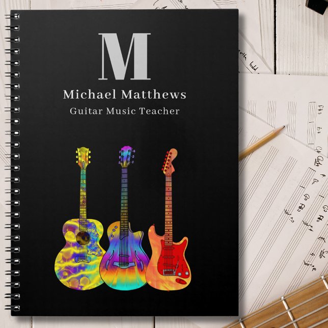 Gitarrenlehrer Musikunterricht nach Maß Notizblock (Guitar teacher music business custom notebook with funky psychedelic guitars  personalized monogram)