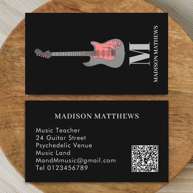 Gitarrenlehrer Musikunterricht Q R Code Rosa Visitenkarte (Modern guitar music tutor professional musician Pink gray and black qr code Business card monogram)
