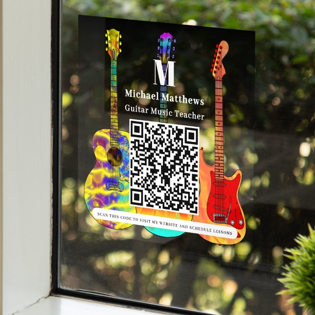 Gitarrenlehrer Musikunterricht QR-Code Fensteraufkleber (Guitar teacher music lessons website qr code business advertising window cling)