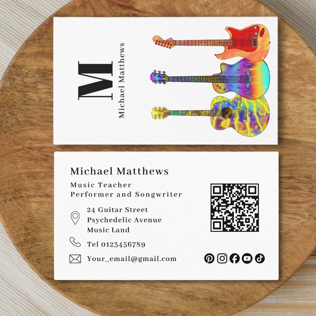 Gitarrenlehrer QR Code Social Media Custom Visitenkarte (Modern guitar teacher qr code and social media custom business card)