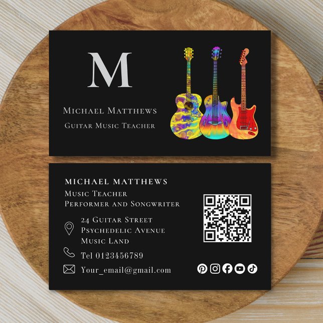 Gitarrenlehrer QR Code Social Media Visitenkarte (Modern guitar teacher qr code and social media custom business card)
