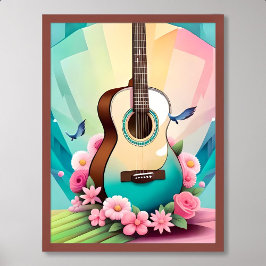 Gitarrenmalerei akustische bunt Rose Blume pink Poster