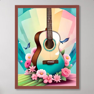 Gitarrenmalerei akustische bunt Rose Blume pink Poster