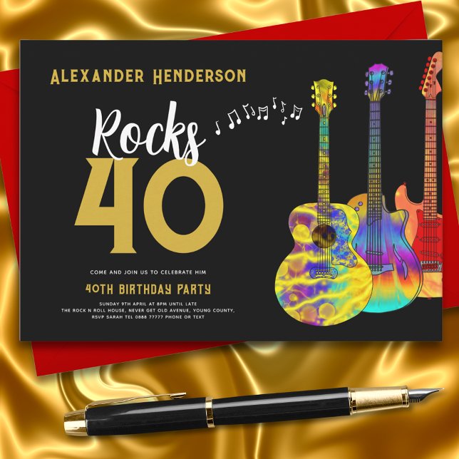 Gitarrenmusik 40. Geburtstag Party Einladung (Rock ad roll black and gold 50th birthday party invitation with psychedelic guitars and music)
